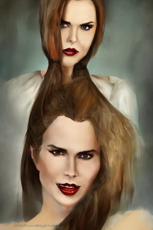 Image similar to mix of beautiful young maria shriver, mariel hemmingway, brooke shields, nicole kidman and elle macpherson as a vampire showing vampire teeth, ready to bite, thin lips, hair tied up in a pony tail, dark blonde hair, colorful, deviantart, artstation, cgsociety