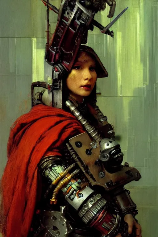 Image similar to full character portrait max mad cyberpunk warhammer 4 0 k, tech priest not the girl with the pearl earring character design, painting by gaston bussiere, katsuya terada, wyeth, craig mullins, hiroshi yoshida, ( ( ( ( ( vermeer ) ) ) ) ), frank frazetta, mucha, tom of finland, trending on artstation