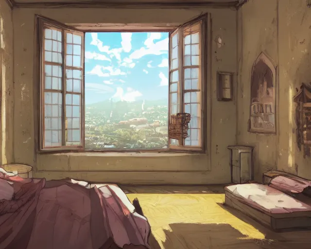 Image similar to environmental illustration of an interior wide angle shot of a bedroom overlooking the streets in a late renaissance city | | anime key visual, official media, illustrated by wlop, extremely detailed, 8 k, trending on pixiv, cinematic lighting, beautiful