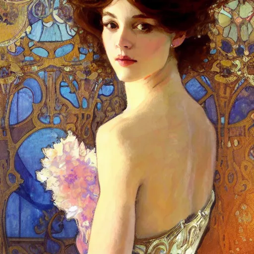 Image similar to portrait of a beautiful woman, intricate, elegant, highly detailed, by gil elvgen, greg manchess, mucha