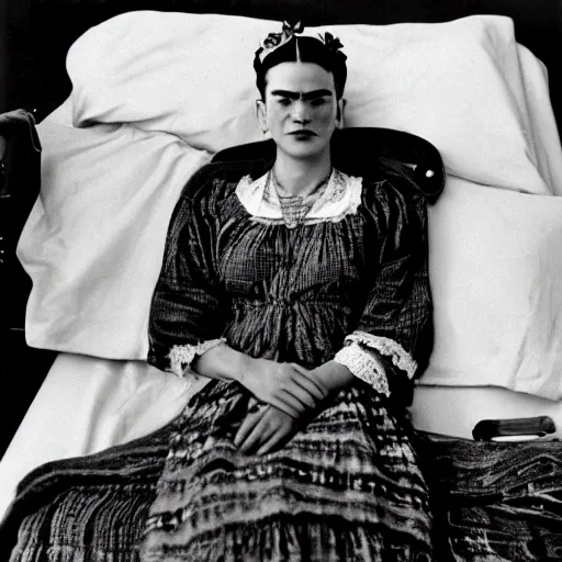 Prompt: frida kahlo is wearing a victorian night gown lying in a hospital bed