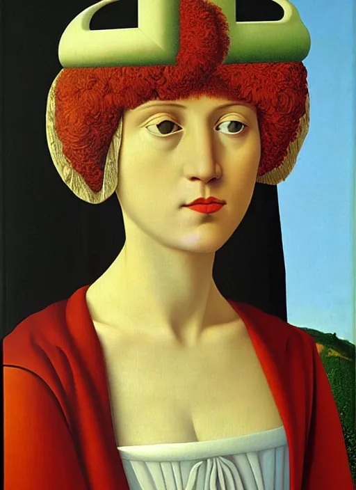 Prompt: portrait of young woman in renaissance dress and renaissance headdress, art by rene magritte