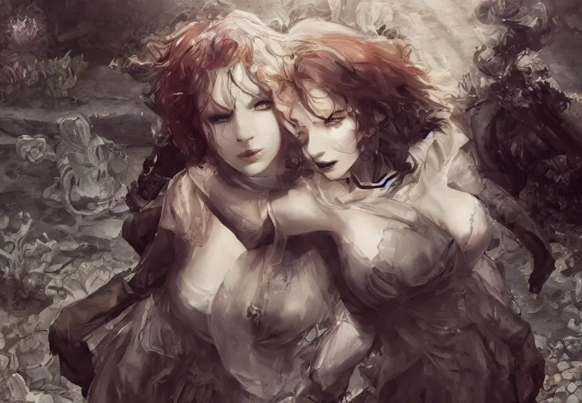 Image similar to christina hendricks!!!!! goth!!!!!, tankoban, 4 k, tone mapping, akihiko yoshida, james jean andrei riabovitchev marc simonetti, yoshitaka amano, long hair, curly, h. hydrochaeri