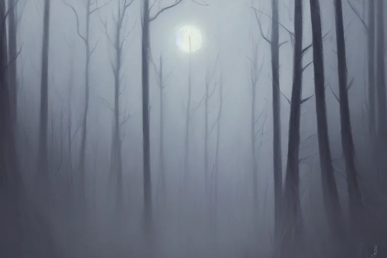 Image similar to dark and spooky painting of a forest dimly lit at night with tiny purple morning glory flowers trailing at the base of trees. foggy cinematic volumetric darkness, muted colour palette, detailed oil painting on canvas kazuo oga, makoto shinkai