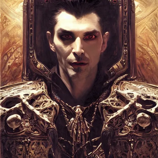 Image similar to perfectly centered portrait of attractive vampire king in a robe sitting on a throne of bones, highly detailed painting by gaston bussiere, craig mullins, j. c. leyendecker, 8 k