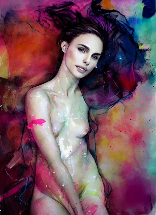 Prompt: sexy seducing smile nathalie portman in bed by agnes cecile, half body portrait, extremely luminous bright design, pastel colours, ink drips, autumn lights