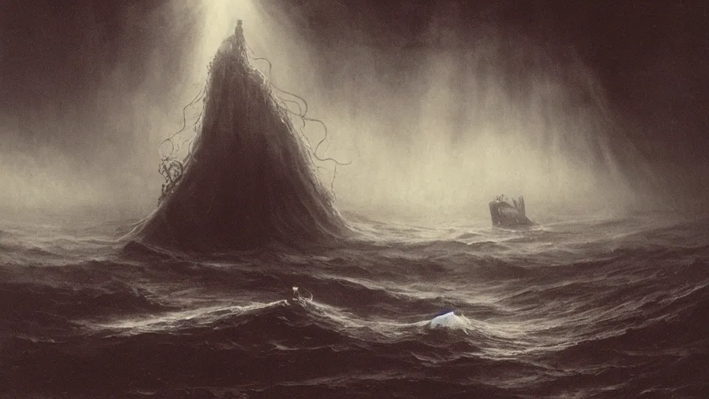 Image similar to environment in the ocean, a huge monster of the deep emerges out of the darkness of the deep ocean waters to attack a small submarine, tentacles, Beksiński, Achenbach, horror, cinematic lighting, Technicolor, crepuscular rays