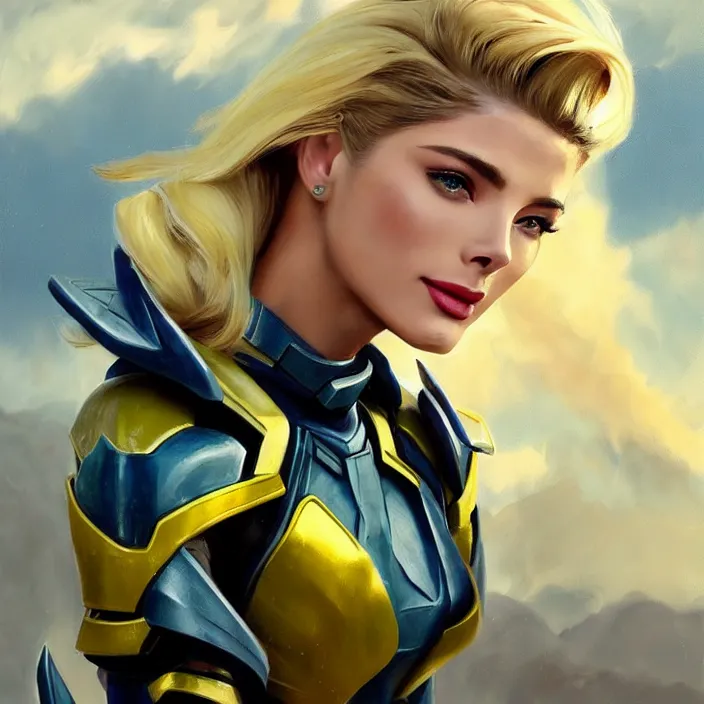 Image similar to A combination of Adriana Dxim's and Grace Kelly's and Ashley Greene's appearances with blonde hair wearing Interceptor's armor from Anthem, countryside, calm, fantasy character portrait, dynamic pose, above view, sunny day, thunder clouds in the sky, artwork by Jeremy Lipkin and Giuseppe Dangelico Pino and Michael Garmash and Rob Rey and Greg Manchess and Huang Guangjian, very coherent asymmetrical artwork, sharp edges, perfect face, simple form, 100mm