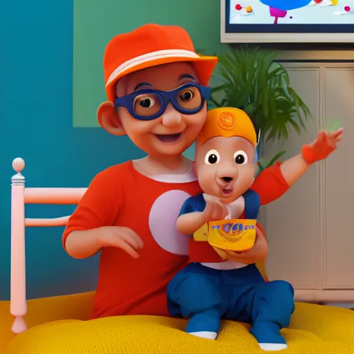 Prompt: baby watching blippi on tv, photorealistic, 8 k