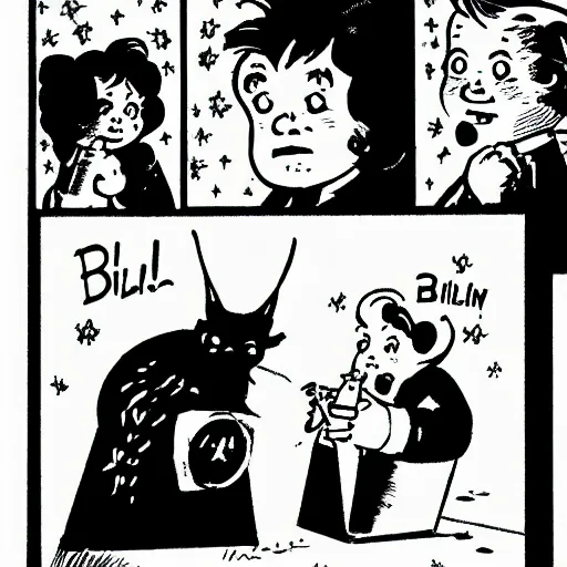 Prompt: a family circus comic of billy and dolly playing with a ouija board and accidentally summoning the devil