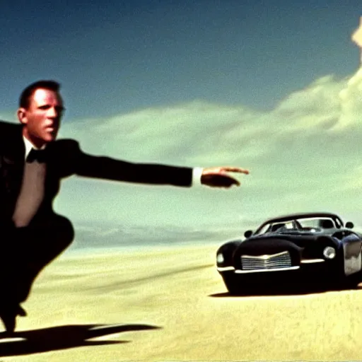 Image similar to car chased by anothrr car which is flying in the sky, movie still of James bond