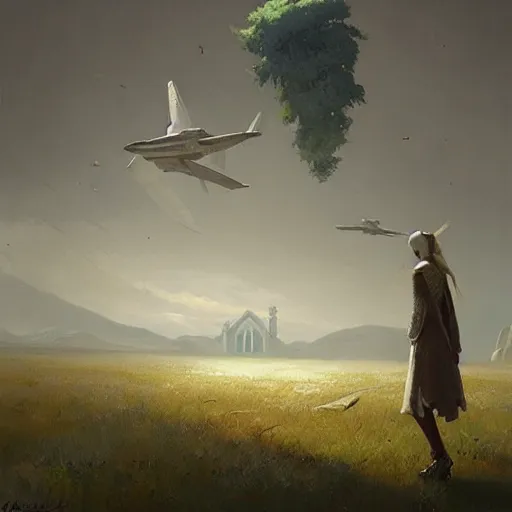 Prompt: paint surrealist 🛩🌿⛪, digital art, greg rutkowski,