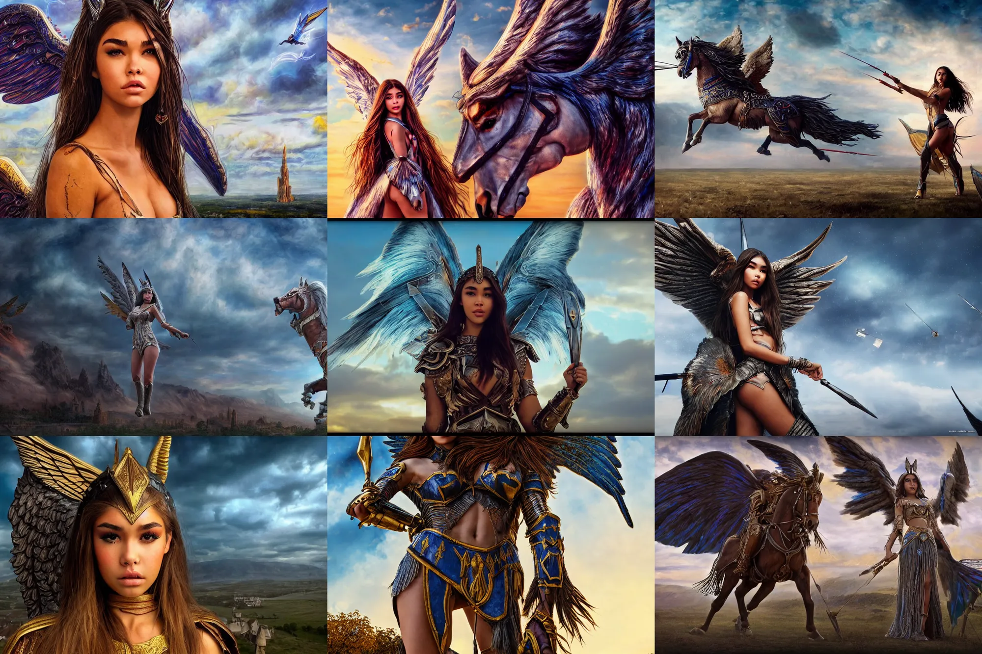 Prompt: wide - shot | dslr | madison beer | as a valkyrie warrior | giant winged horse | detailed face | scarred | arrows filling the sky | by victor nizovtsev, john blanche, werner herzog | fantasy | highly detailed | north mythology | realism | film | cinematic 4 k |