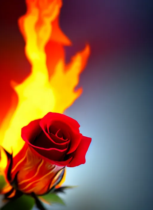 Prompt: a single rose flower in flame, scenery wallpaper aesthetic, closeup view, beautiful, cinematic, dramatic, super detailed and intricate, hyper realistic, 4 k render, by koson ohara, by darwyn cooke