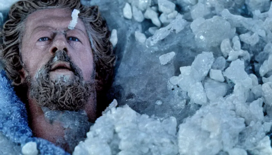 Prompt: 1 9 6 0 s movie still close up of marcus aurelius frozen to death in a blue cape with fur in a river with gravel pebbles, pine forests, cinestill 8 0 0 t 3 5 mm, high quality, heavy grain, high detail, texture, dramatic light, anamorphic, hyperrealistic, detailed hair