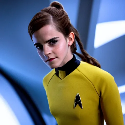 Image similar to Emma Watson in Star Trek, XF IQ4, f/1.4, ISO 200, 1/160s, 8K, Sense of Depth, color and contrast corrected, unedited, Dolby Vision, symmetrical balance, in-frame