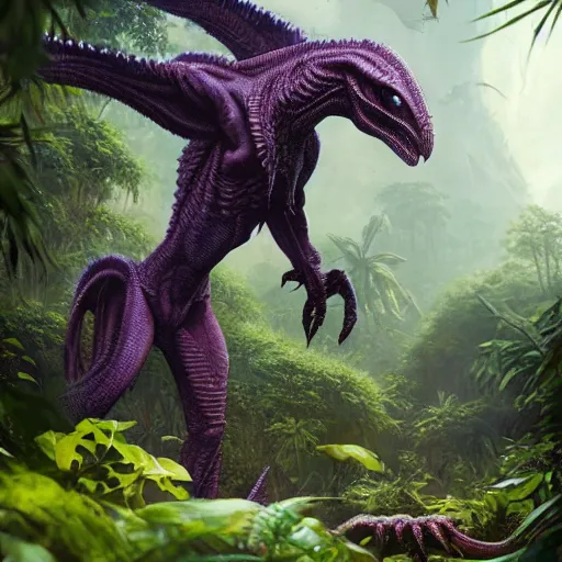 Prompt: Concept art of a scaly raptor-like alien creature, surrounded by a lush alien jungle with purple flora, Greg Rutkowski, Darek Zabrocki, Karlkka, Jayison Devadas, Phuoc Quan, trending on Artstation