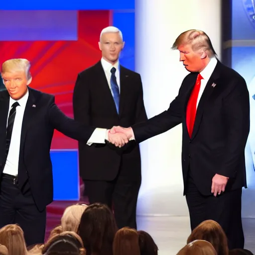 Image similar to anderson cooper and donald trump shaking hands