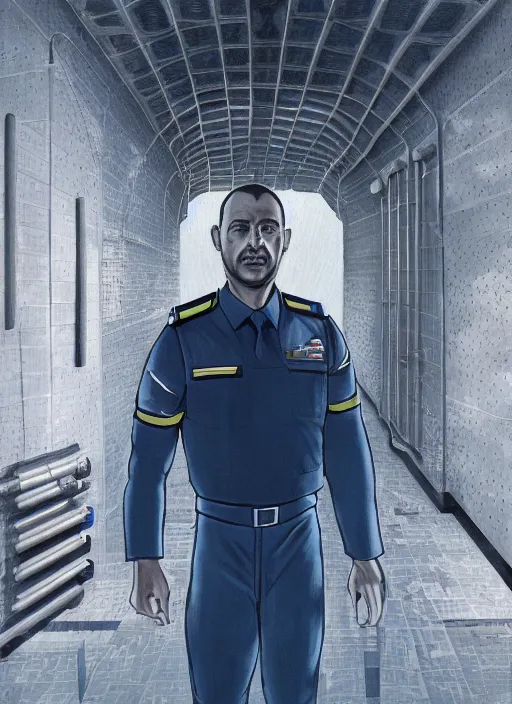 Image similar to portrait of a handsome hunky security guart in a futuristic prison. art by denys tsiperko and dan dos santos. detailed, hyperrealism, 8 k resolution