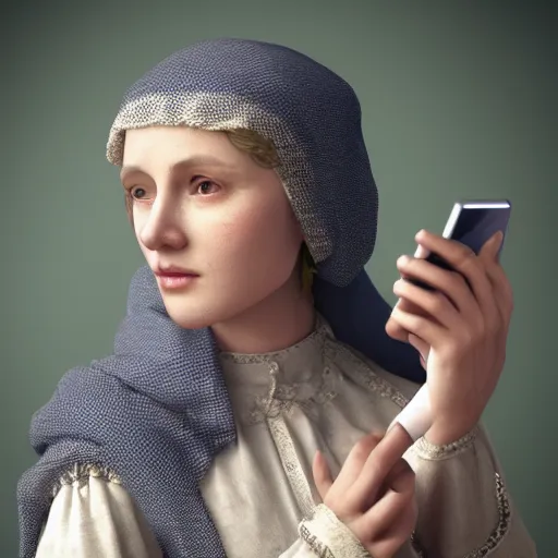 Image similar to 1 4 th century woman!!!! with an iphone in her hand, 4 k, 8 k, photorealistic imagery