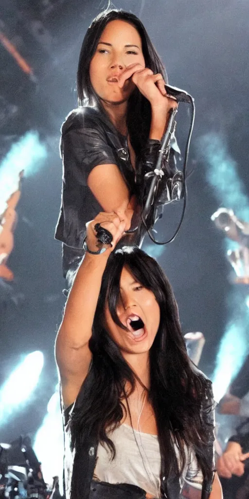 Prompt: Olivia Munn as a rock singer in a live concert.