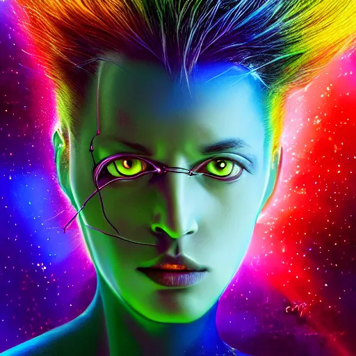 Image similar to I've discovered life, scientist, ecstatic, infinite power, manic, perfect eyes, full body shot, chemical structures, atoms, molecules, portrait, energized face, noble, transformation, vivid colors, elegant, concept art, sharp focus, digital art, Hyper-realistic, 4K, Unreal Engine, Highly Detailed, HD, Dramatic Lighting by Brom, trending on Artstation