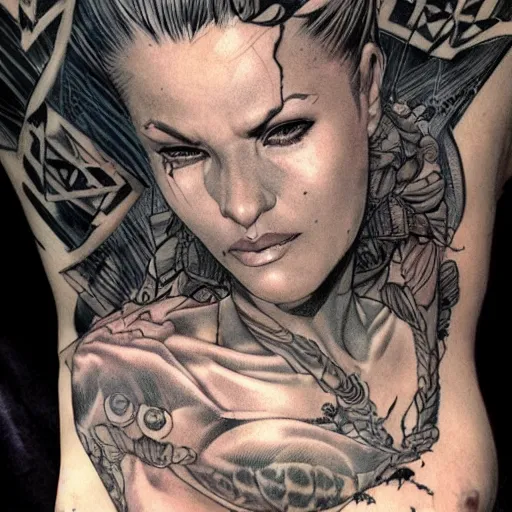 Prompt: a beautiful portrait of a heavily tattooed woman Travis Charest style