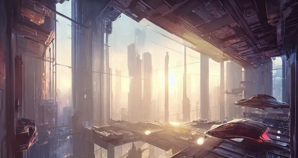 Prompt: picture of an interior loft, luxury, interior design, tall windows, reflections, cyberpunk city, first light, sunshafts, volumetric lights, colorful, concept art, art station, by darek zabrocki