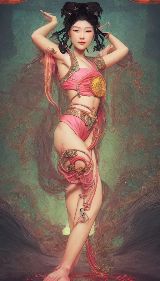 Image similar to mythology, neon, Female Ancient China Dance Vol 01 - Reference Pictures artstation, fibonacci, sweat drops, insane, pinup, intricate, highly detailed, digital painting, artstation, concept art, smooth, sharp focus, illustration, Unreal Engine 5, 8K, art by artgerm and greg rutkowski and alphonse mucha