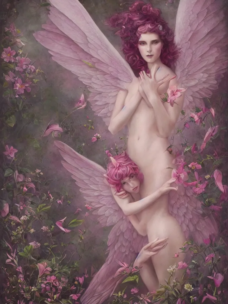 Image similar to one pink fairy with large wings exploring her lonely flower garden by herself in the style of tom bagshaw, extremely detailed, muted colors, symmetrical faces, 4 limbs, large eyes, beautiful faces