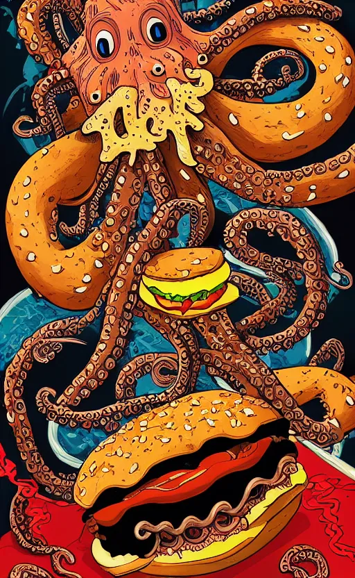 Prompt: highly detailed illustration of octopus attacking a cheeseburger, poster, symmetrical, 8 k, trending on artstation