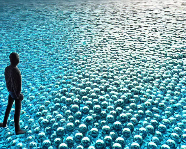 Prompt: a long shot of a giant award winning sculpture made out of billiard balls of a human head on the surface of the ocean, in the style of chad knight, hyper detailed, hyper realistic, ray tracing, 8 k resolution, sharp focus, realistic water