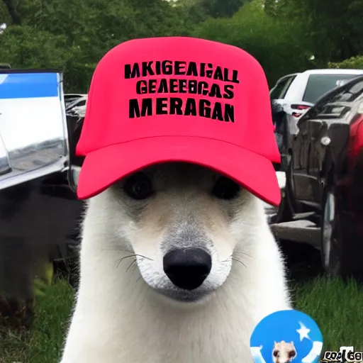 Image similar to doge wearing a make america great again cap, realistic, 8 k,