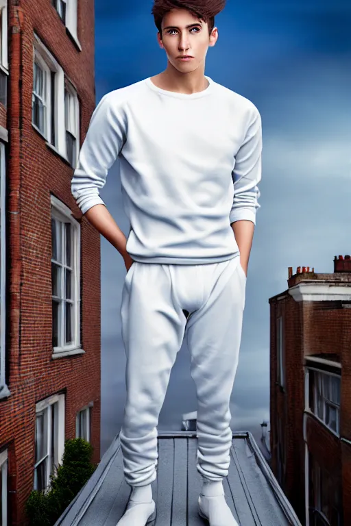 Image similar to un ultra high definition studio quality photographic art portrait of a young man standing on the rooftop of a british apartment building wearing soft padded silver pearlescent clothing. three point light. extremely detailed. golden ratio, ray tracing, volumetric light, shallow depth of field. set dressed.