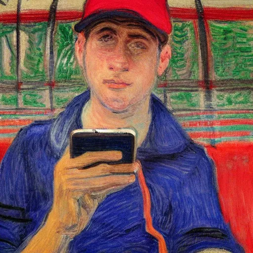 Prompt: guy with baseball hat and striped shirt siting in a bus and looking at his smartphone by monet