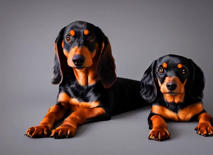 Image similar to a short - haired brown dachshund and an all black cavalier king charles, 5 0 mm