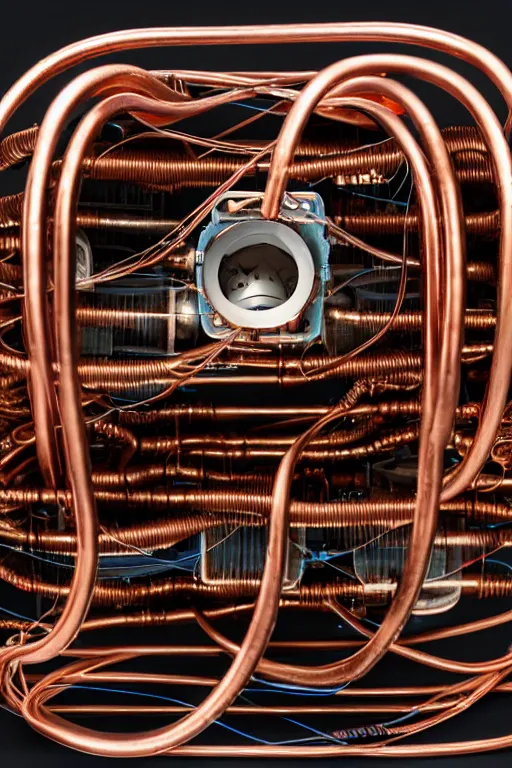 Prompt: A photo of an old opened camera, with vacuum tubes and copper wire coils inside, the most complex looking machine ever made by Annie Lebovitz and Steve McCurry Ultra detailed, hyper realistic, 4k