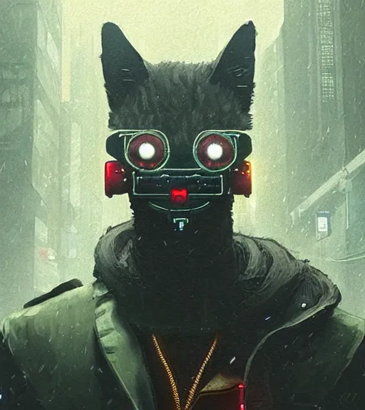 Image similar to new york city portrait of furry anthro anthropomorphic cat head animal person fursona wearing clothes strange cybernetic muzzle gloomy rainy screenshot from the video game cyberpunk 2077 digital art by Greg Rutkowski, Simon Stalenhag, christopher nolan trending on Artstation, CGSociety