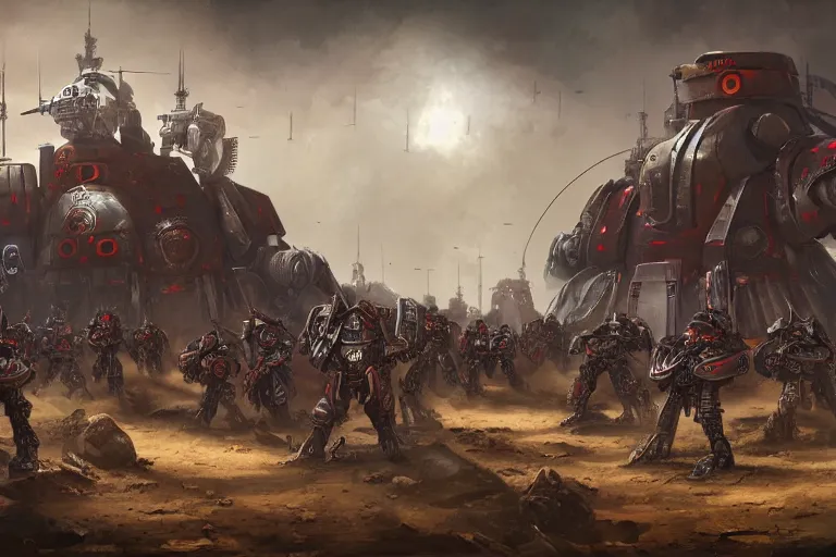 Image similar to matte painting of Adeptus Mechanicus legion, by Lewis Jones, praise the omnissiah, preparing for battle, concept art, cool hue, digital painting, Warhammer 40K