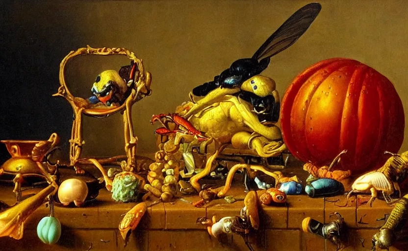 Image similar to disturbing colorful oil painting dutch golden age vanitas still life with bizarre objects strange gooey surfaces shiny metal bizarre insects rachel ruysch dali todd schorr very detailed perfect composition rule of thirds masterpiece canon 5 0 mm, cinematic lighting, photography, retro, film, kodachrome