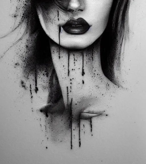 Image similar to tattoo design sketch of an extremely beautiful woman face with a faded background of beautiful mountains on her side, hyper - realistic, double exposure effect, in the style of matteo pasqualin, amazing detail, black and white, faded