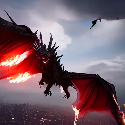 Prompt: a black dragon with red eyes, and flaming fire out his mouth, flying through the sky, above new york city. Unreal Engine, Cinematic, 8K hyperrealistic, live-action.