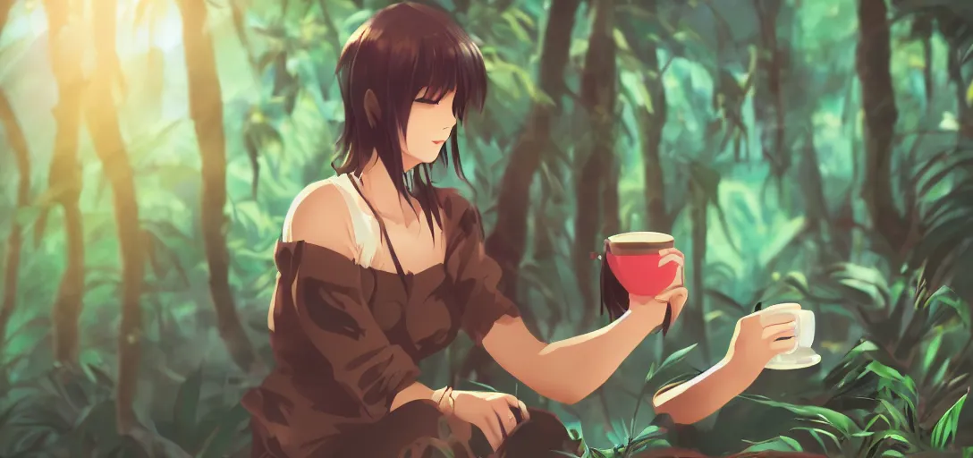 Prompt: woman drinking coffee in jungle, digital anime art, good lighting, 4 k