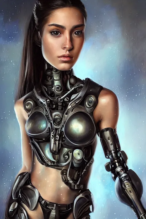 Image similar to a photorealistically painted portrait of an attractive young girl, partially clothed in cybernetic body armor, with an abstractly painted background, flawless olive skin, fair complexion, long dark hair, beautiful bone structure, perfectly symmetric facial features, perfect photorealistic eyes, natural physique, intricate, elegant, digital painting, concept art, finely detailed, beautifully illustrated, sharp focus, minimal artifacts, volumetric lighting, from Metal Gear, by Ruan Jia and Mandy Jurgens and Artgerm and William-Adolphe Bouguerea, in the style of Greg Rutkowski, trending on Artstation, award winning art