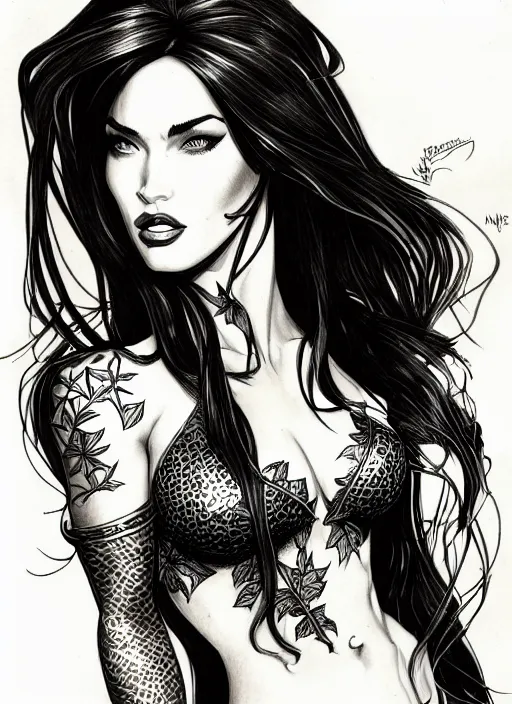 Prompt: concpet art, full shot, traditional ink, sketch, of megan fox as poison ivy, line sketch, intricate, elegant, highly detailed, monochrome, digital painting, artstation, concept art, sharp focus, illustration, art by borderlands 3 and peter polach
