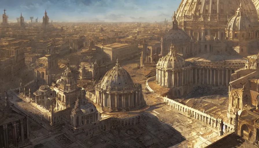 Prompt: craig mullins digital illustration of vatican city in 1 4 9 2, strong contrast, sunny morning, raking light, unreal engine, hyper realism, realistic shading, cinematic composition, realistic render, octane render, detailed textures, photorealistic, wide shot