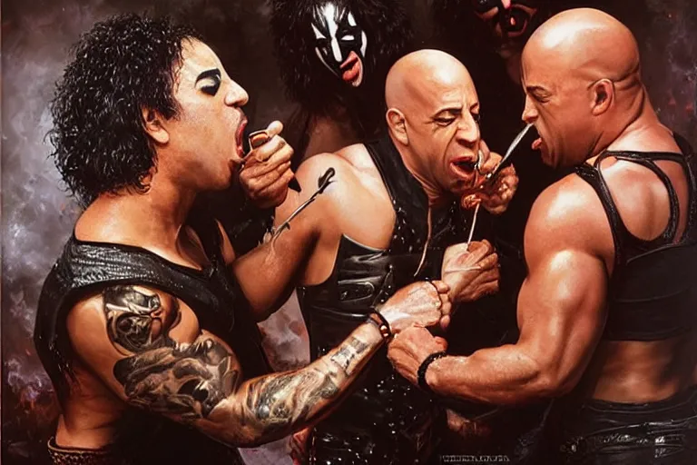 Image similar to vin diesel pouring baked beans into the mouth of paul stanley in kiss makeup, an oil painting by ross tran and thomas kincade