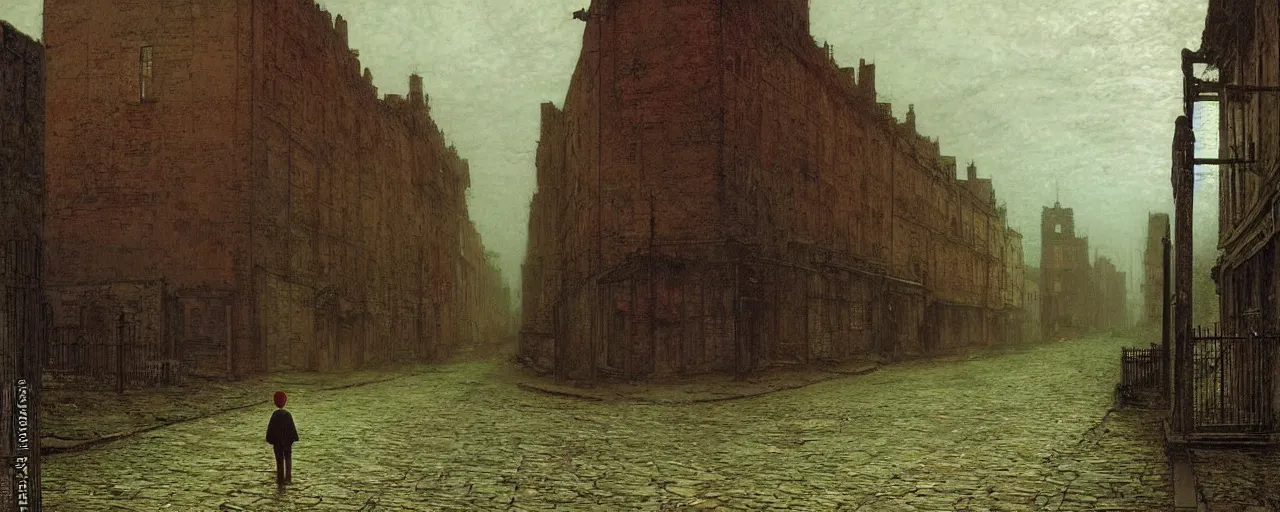 Prompt: a boy lost in a ghost town, in the style of john atkinson grimshaw, landscape, romanticism, streetscape, symbolism, impressionism