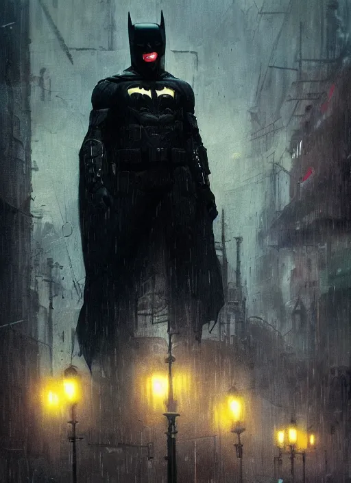 Image similar to cyberpunk batman, rule of thirds, russia, moscow, rain, lights, trending on artstation, intricate outfit, spotlight, by greg rutkowski, by jeremy mann, digital painting