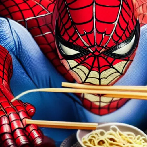 Image similar to close up zoom photo of spiderman eating noodles